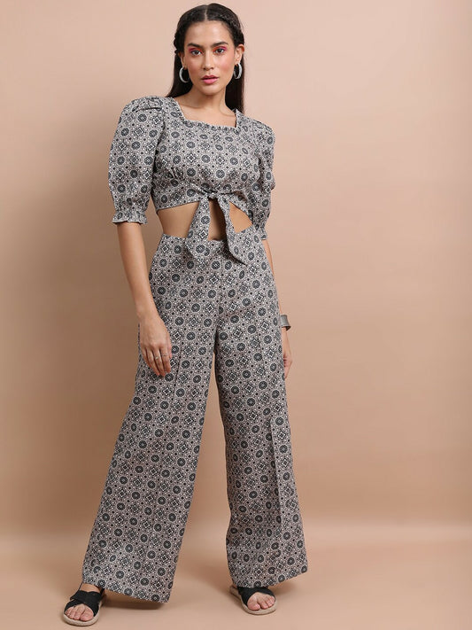 Stylish Black Printed Women’s Co-ord Set – Shirt Collar Top & Flared Palazzo | Indiaista