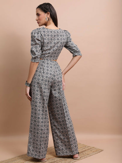 Stylish Black Printed Women’s Co-ord Set – Shirt Collar Top & Flared Palazzo | Indiaista