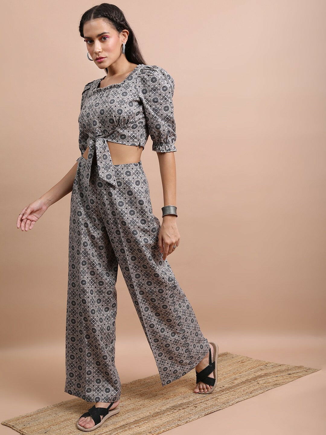 Stylish Black Printed Women’s Co-ord Set – Shirt Collar Top & Flared Palazzo | Indiaista