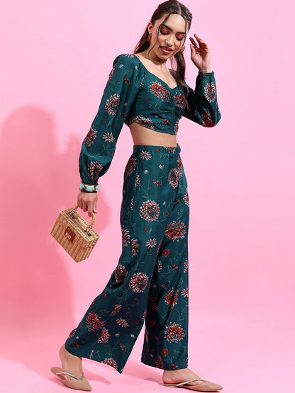 Women’s Printed Co-Ord Set – Teal Green & Orange Crop Top with Palazzo | Indiaista