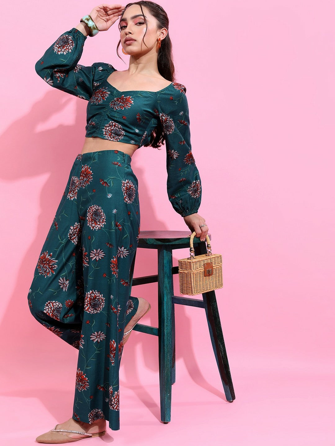 Women’s Printed Co-Ord Set – Teal Green & Orange Crop Top with Palazzo | Indiaista