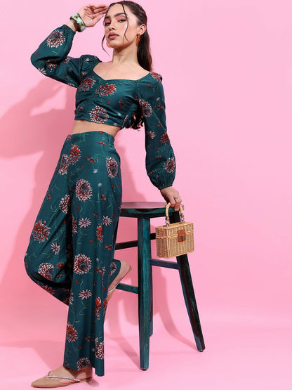 Women’s Printed Co-Ord Set – Teal Green & Orange Crop Top with Palazzo | Indiaista