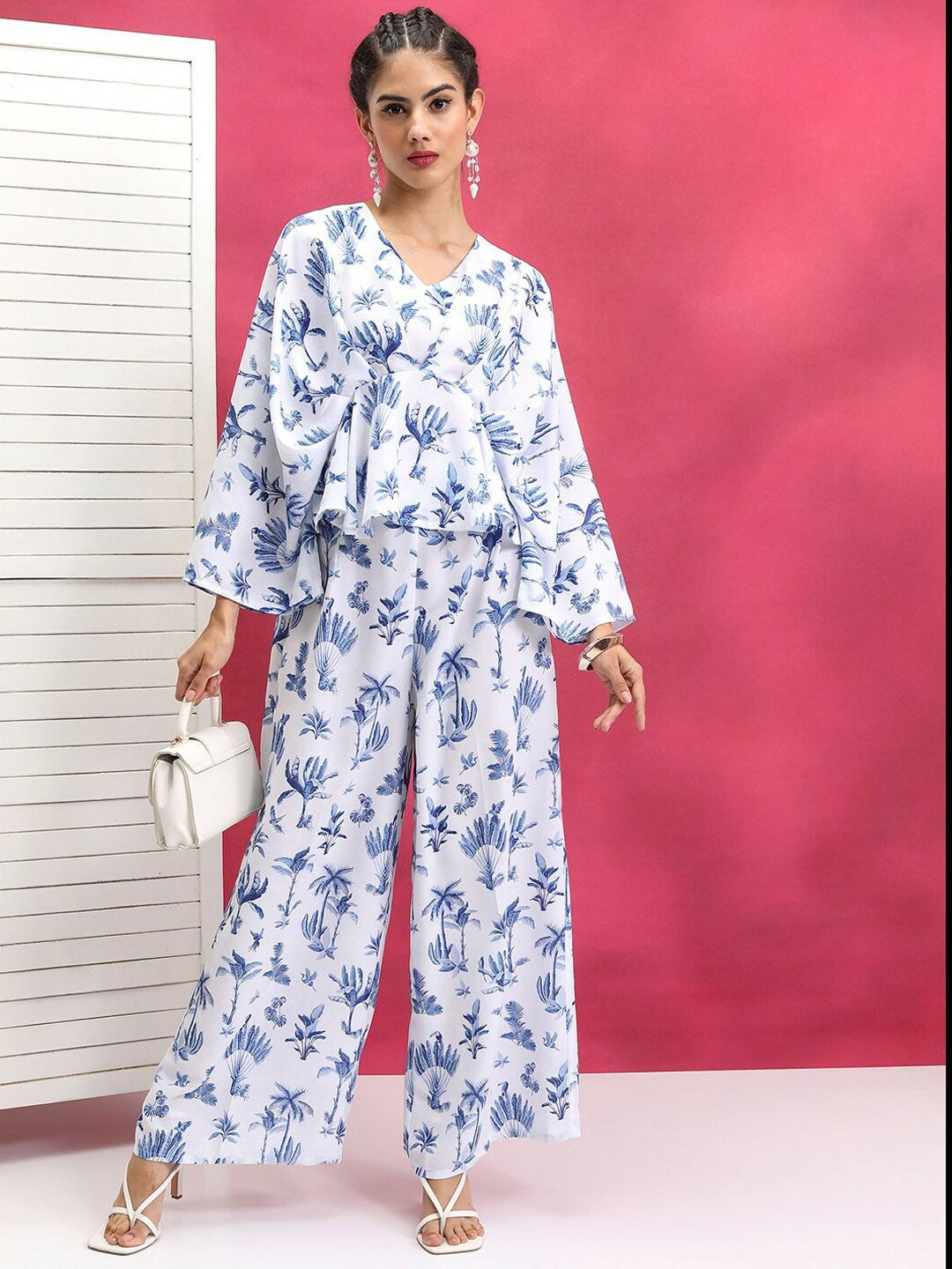 Women's Blue & White Printed Co-ord Set – Stylish V-Neck Top & Wide-Leg Trousers