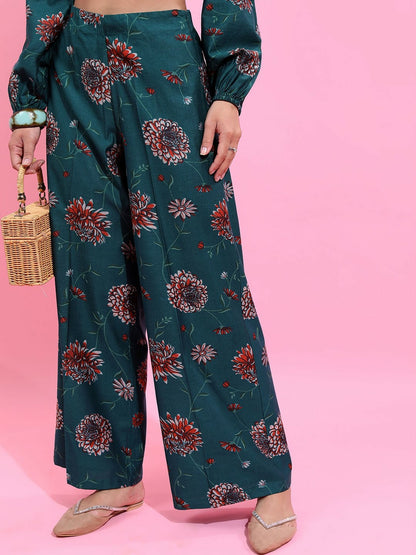 Women’s Printed Co-Ord Set – Teal Green & Orange Crop Top with Palazzo | Indiaista