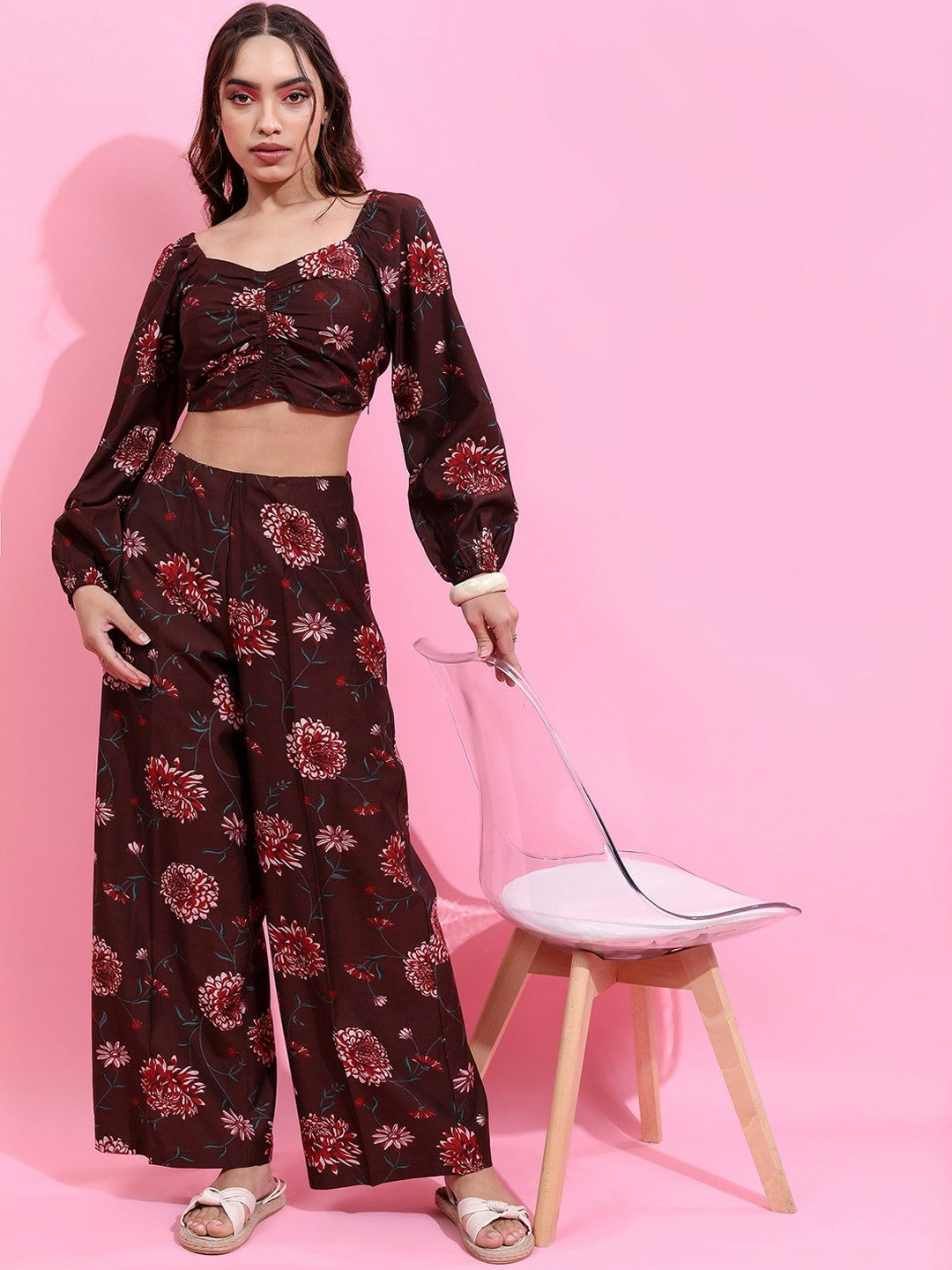 Women's Brown Printed Co-ord Set – Crop Top & Palazzo | Stylish Ethnic Wear