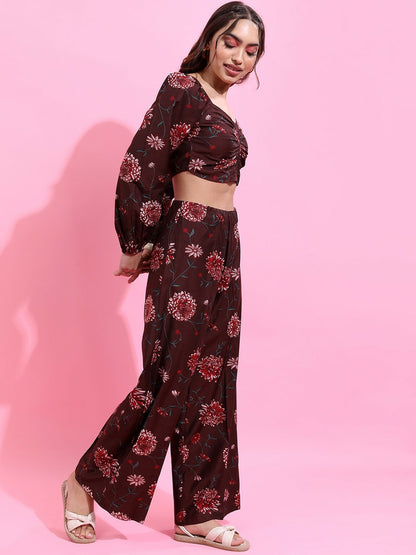 Women's Brown Printed Co-ord Set – Crop Top & Palazzo | Stylish Ethnic Wear