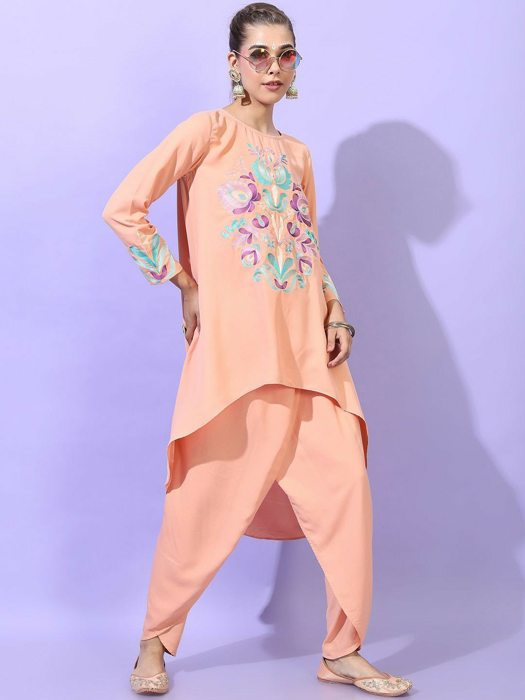 Women's Floral Embroidered Co-ord Set – Tunic & Dhoti Pants | Ethnic Fusion Wear