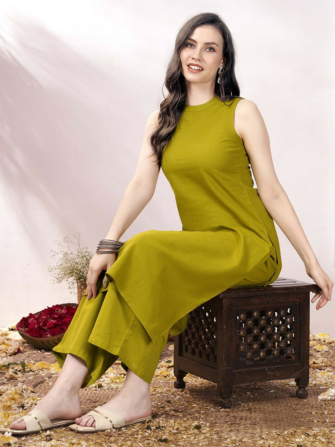 Lime Green Women’s Co-ord Set – Stylish Tunic & Trousers for Effortless Elegance | Indiaista