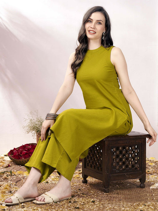 Lime Green Women’s Co-ord Set – Stylish Tunic & Trousers for Effortless Elegance | Indiaista