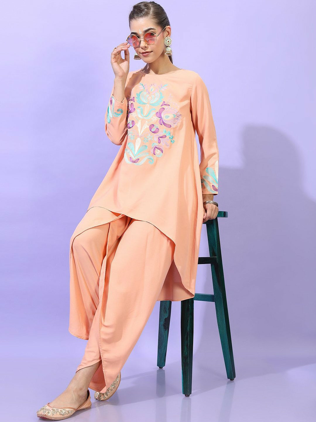 Women's Floral Embroidered Co-ord Set – Tunic & Dhoti Pants | Ethnic Fusion Wear