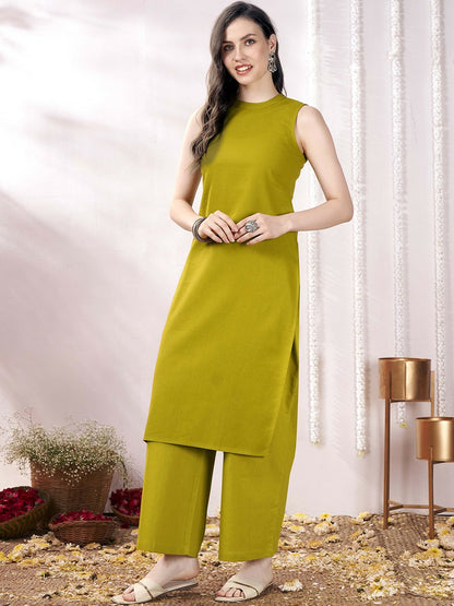 Lime Green Women’s Co-ord Set – Stylish Tunic & Trousers for Effortless Elegance | Indiaista