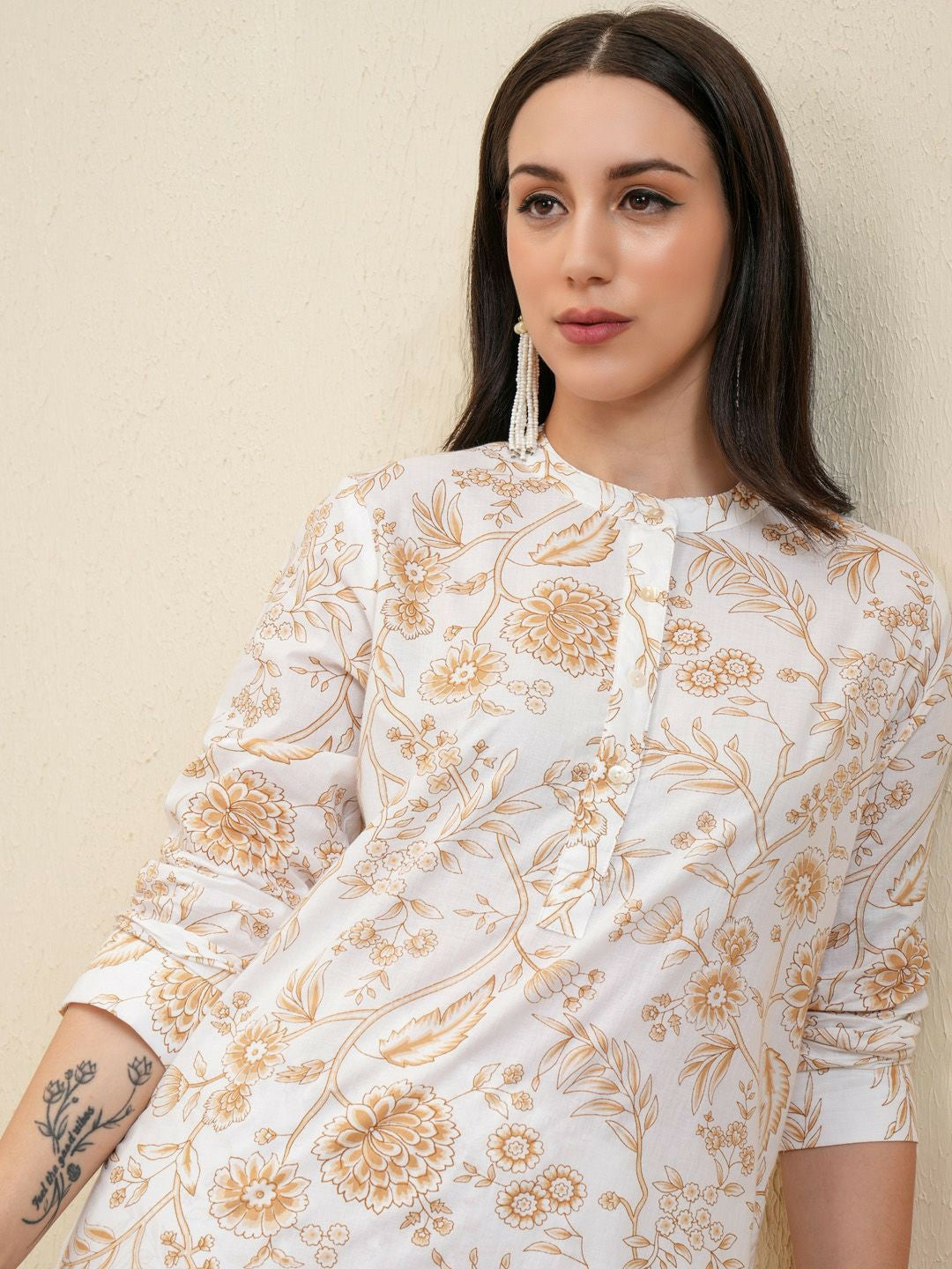 White & Beige Floral Printed Women's Co-ord Set – Stylish Tunic & Flared Trousers | Indiaista