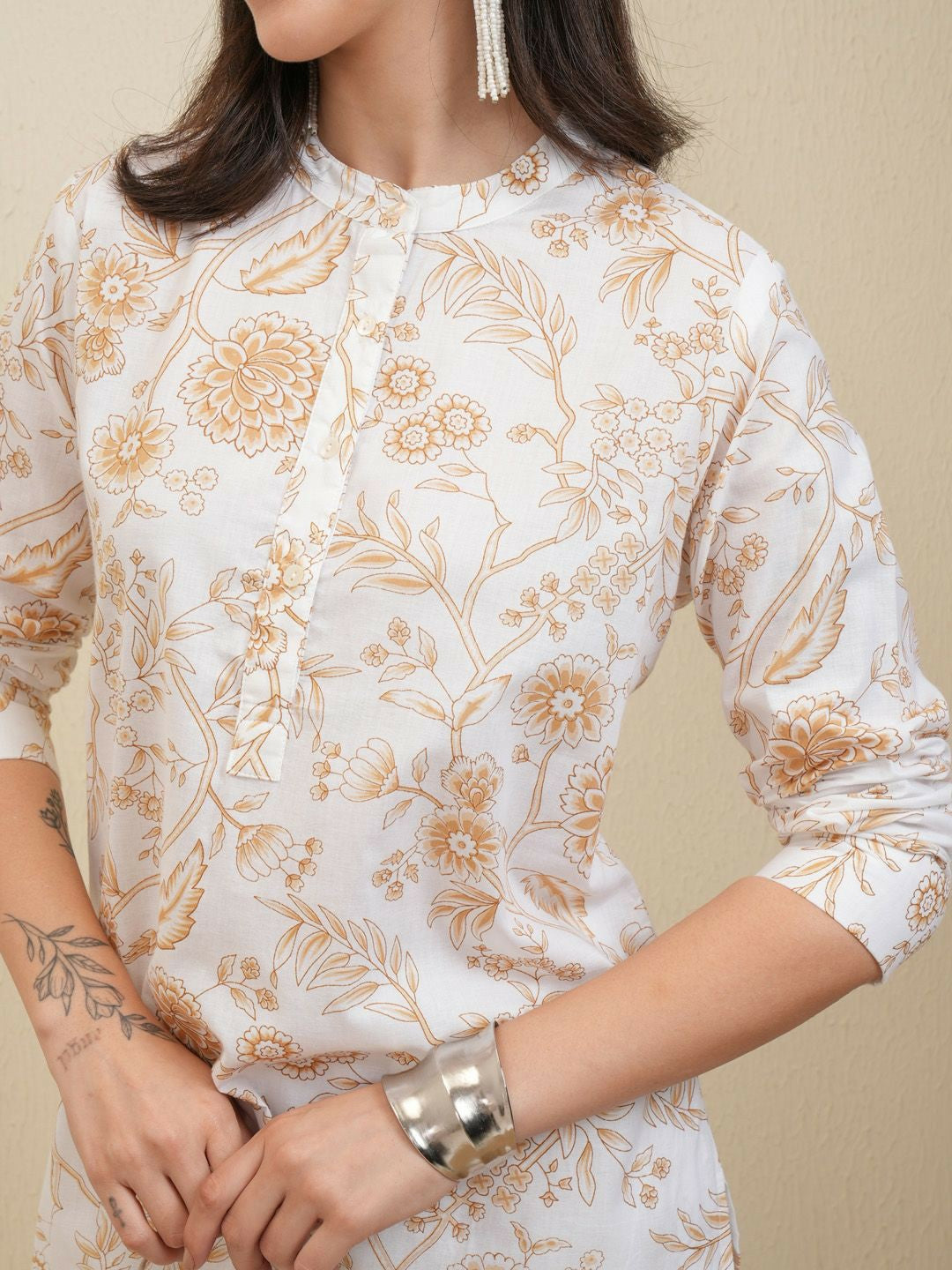 White & Beige Floral Printed Women's Co-ord Set – Stylish Tunic & Flared Trousers | Indiaista