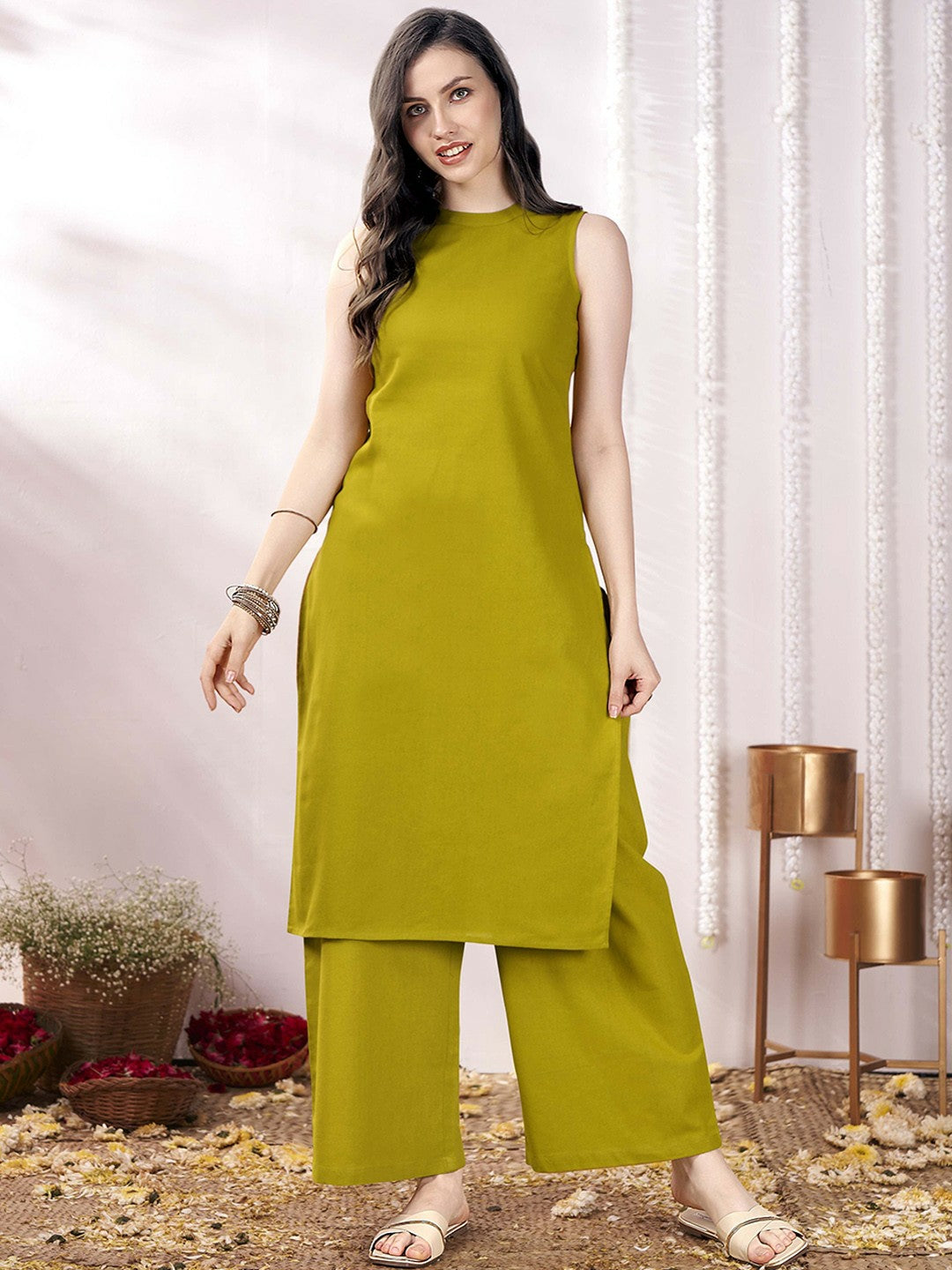 Lime Green Women’s Co-ord Set – Stylish Tunic & Trousers for Effortless Elegance | Indiaista