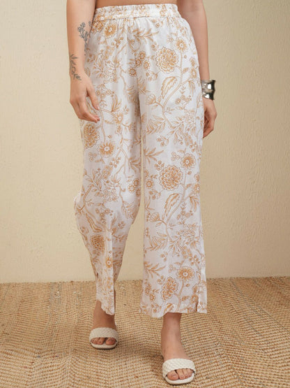 White & Beige Floral Printed Women's Co-ord Set – Stylish Tunic & Flared Trousers | Indiaista