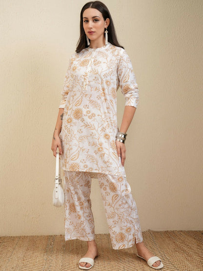 White & Beige Floral Printed Women's Co-ord Set – Stylish Tunic & Flared Trousers | Indiaista