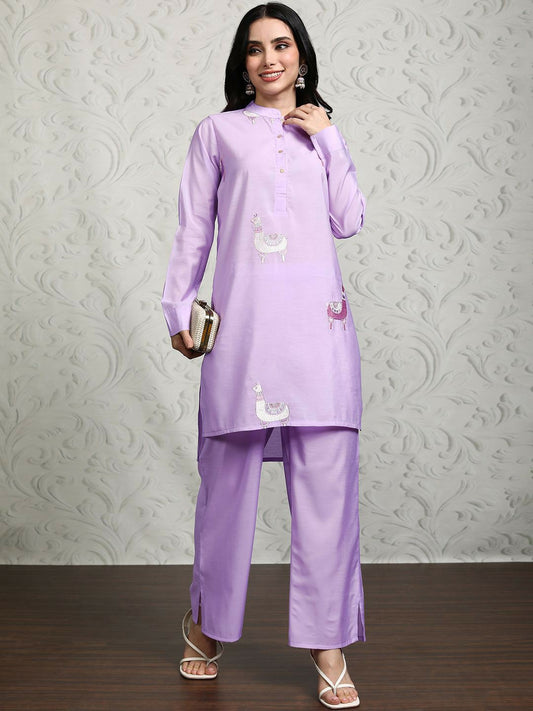 Lavender & White Embroidered Women’s Co-Ord Set – Tunic & Palazzo | Indiaista