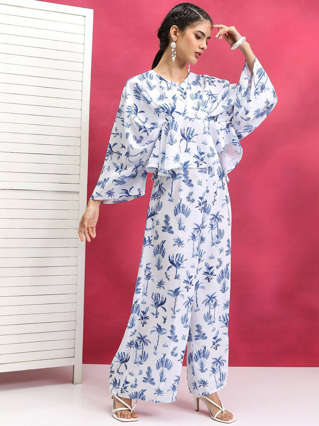 Women's Blue & White Printed Co-ord Set – Stylish V-Neck Top & Wide-Leg Trousers