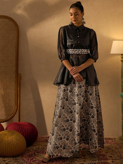 Women’s Black & Beige Floral Co-ord Set – Shirt & Skirt with Embroidered Belt | Indiaista