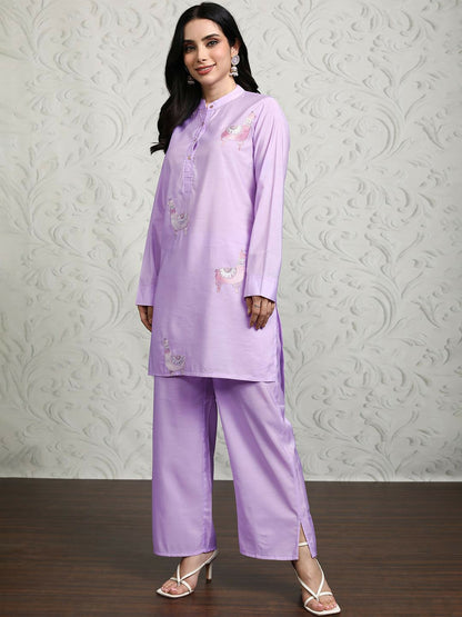 Lavender & White Embroidered Women’s Co-Ord Set – Tunic & Palazzo | Indiaista