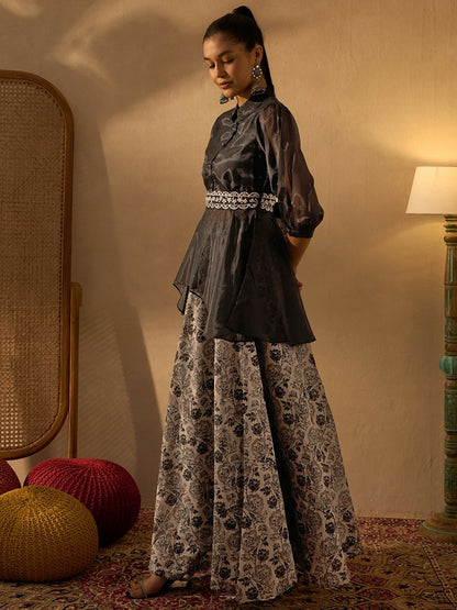 Women’s Black & Beige Floral Co-ord Set – Shirt & Skirt with Embroidered Belt | Indiaista