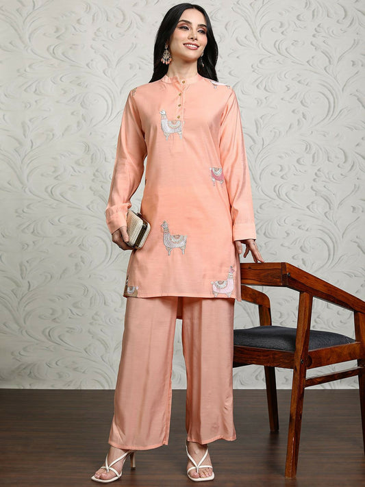 Women's Pink & White Embroidered Co-ord Set – Tunic & Palazzo | Ethnic Wear Online