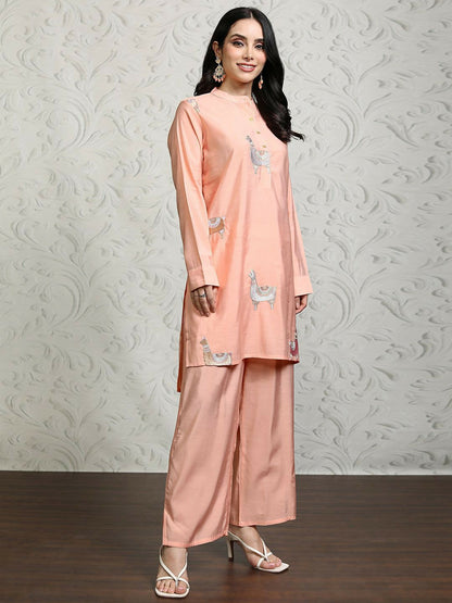 Women's Pink & White Embroidered Co-ord Set – Tunic & Palazzo | Ethnic Wear Online