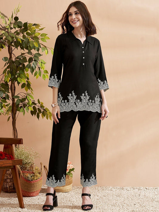 Women's Black Embroidered Co-ord Set – Tunic & Trousers | Stylish Ethnic Wear