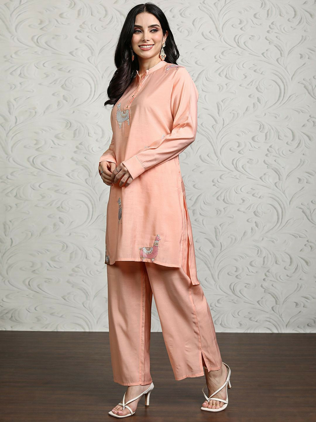 Women's Pink & White Embroidered Co-ord Set – Tunic & Palazzo | Ethnic Wear Online