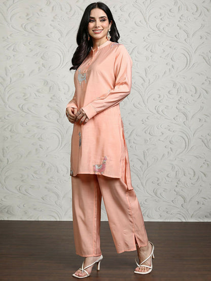 Women's Pink & White Embroidered Co-ord Set – Tunic & Palazzo | Ethnic Wear Online