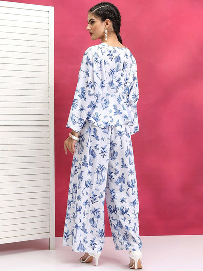 Women's Blue & White Printed Co-ord Set – Stylish V-Neck Top & Wide-Leg Trousers