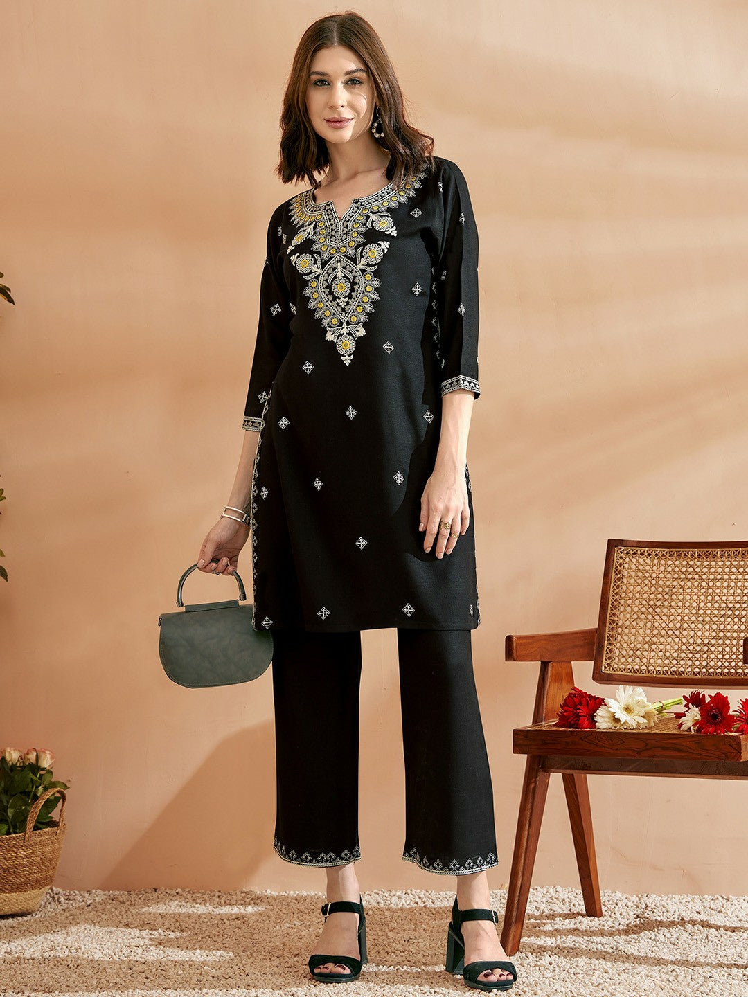 Women's Black Embroidered Co-ord Set – Tunic & Trousers | Ethnic Wear at Indiaista