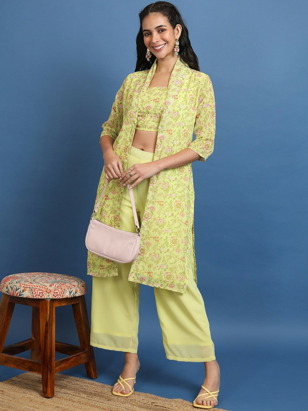 Lime Green Women's Co-ord Set – Stylish Printed Top, Jacket & Palazzo Pants | Indiaista