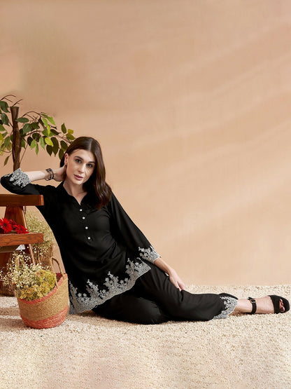 Women's Black Embroidered Co-ord Set – Tunic & Trousers | Stylish Ethnic Wear