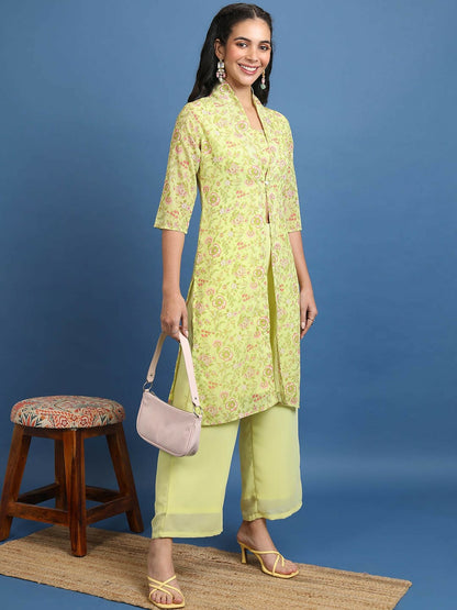 Lime Green Women's Co-ord Set – Stylish Printed Top, Jacket & Palazzo Pants | Indiaista