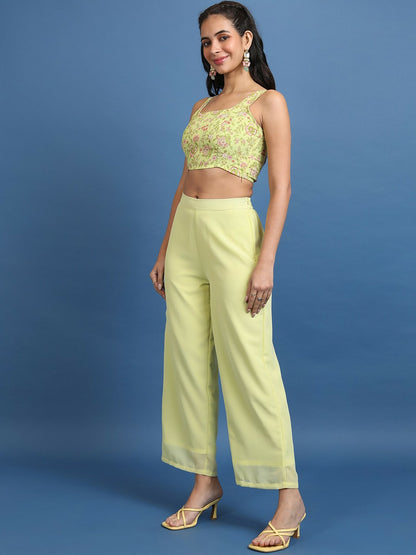 Lime Green Women's Co-ord Set – Stylish Printed Top, Jacket & Palazzo Pants | Indiaista