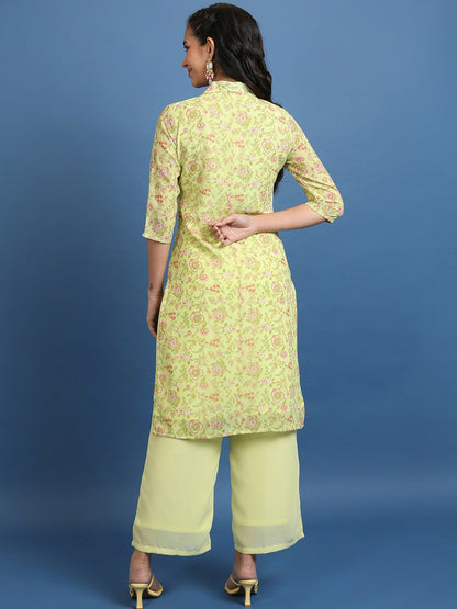 Lime Green Women's Co-ord Set – Stylish Printed Top, Jacket & Palazzo Pants | Indiaista