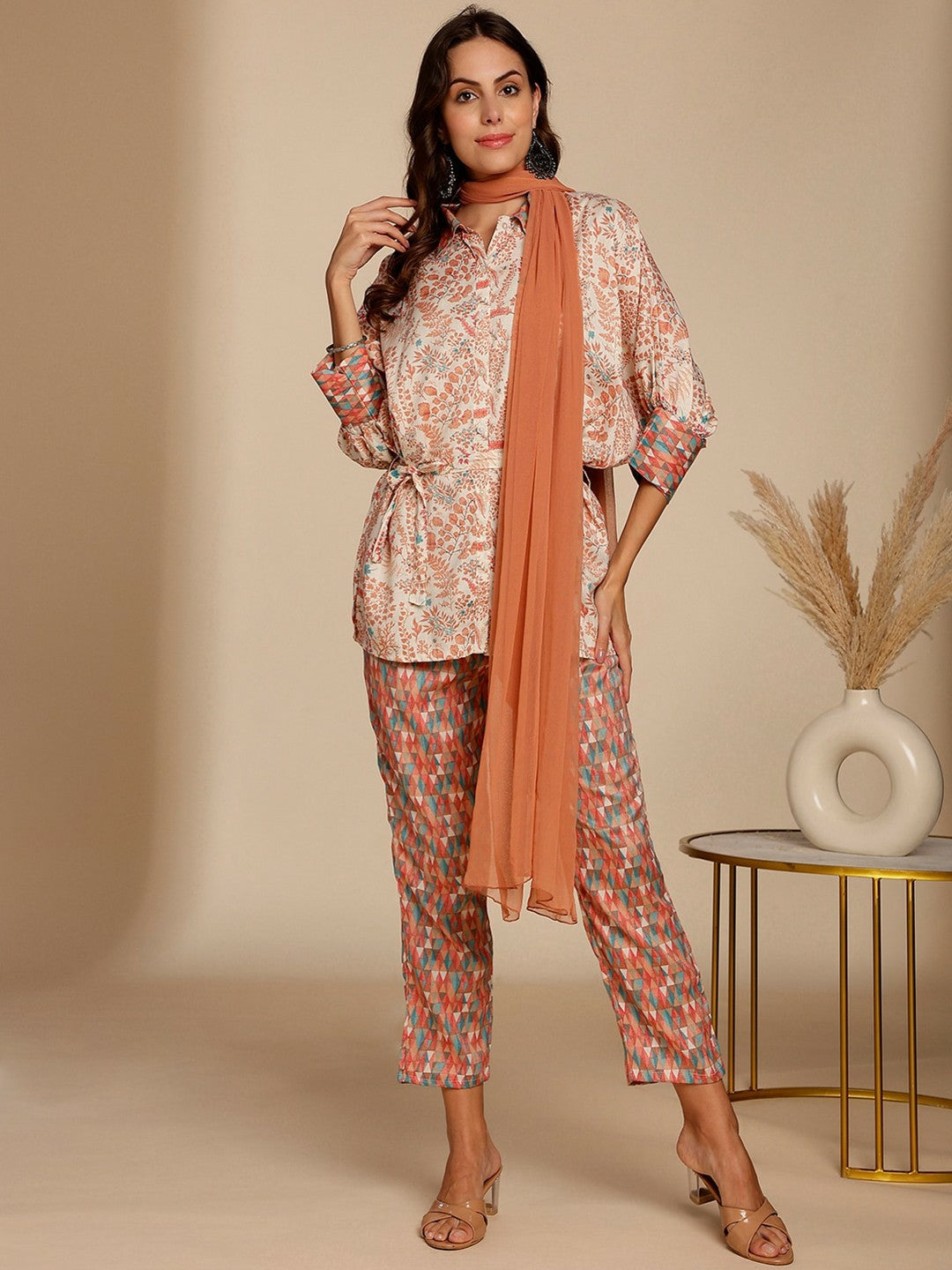 Women's Floral Co-ord Set – Peach, White & Green | Top, Trousers & Dupatta | Indiaista