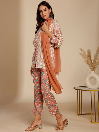 Women's Floral Co-ord Set – Peach, White & Green | Top, Trousers & Dupatta | Indiaista