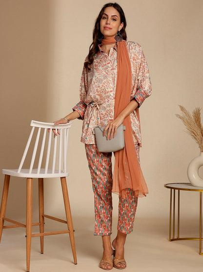 Women's Floral Co-ord Set – Peach, White & Green | Top, Trousers & Dupatta | Indiaista