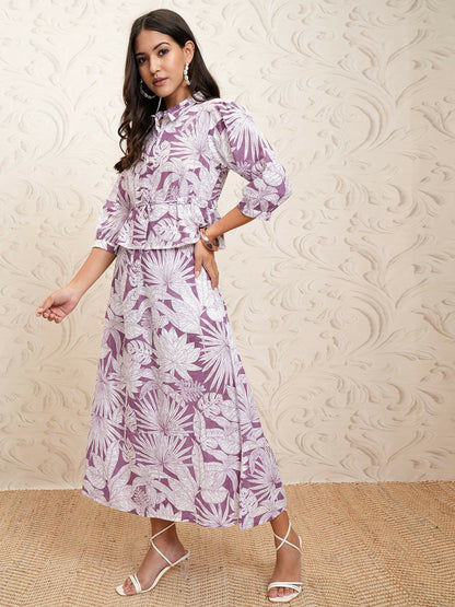 Mauve & White Floral Co-ord Set for Women – Stylish Top & Midi Skirt | Indiaista