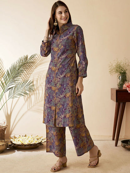 Women's Violet & Brown Floral Co-Ord Set – Tunic & Trousers | Stylish & Comfortable Outfit