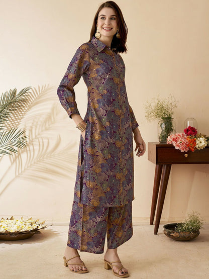 Women's Violet & Brown Floral Co-Ord Set – Tunic & Trousers | Stylish & Comfortable Outfit