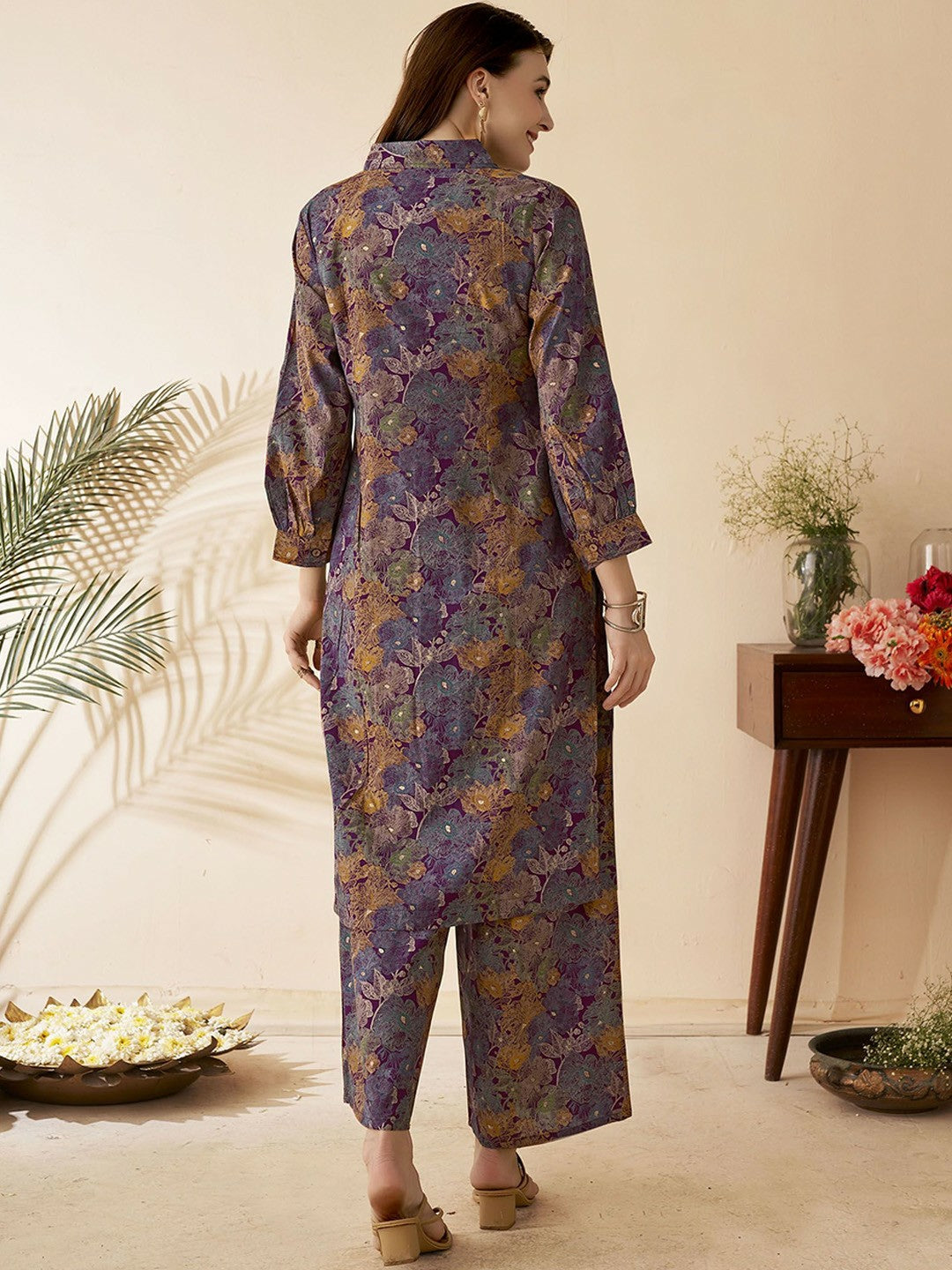 Women's Violet & Brown Floral Co-Ord Set – Tunic & Trousers | Stylish & Comfortable Outfit