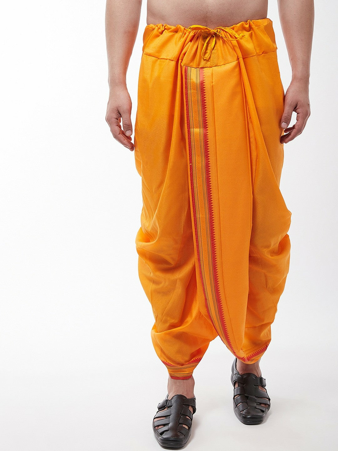 Men’s Mustard Yellow Solid Stitched Dhoti with Zari Border – Indiaista