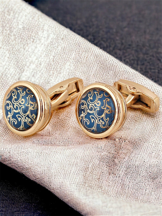 Silver-Plated Gold-Toned & Blue Textured Cufflinks – Elegant Men’s Accessories