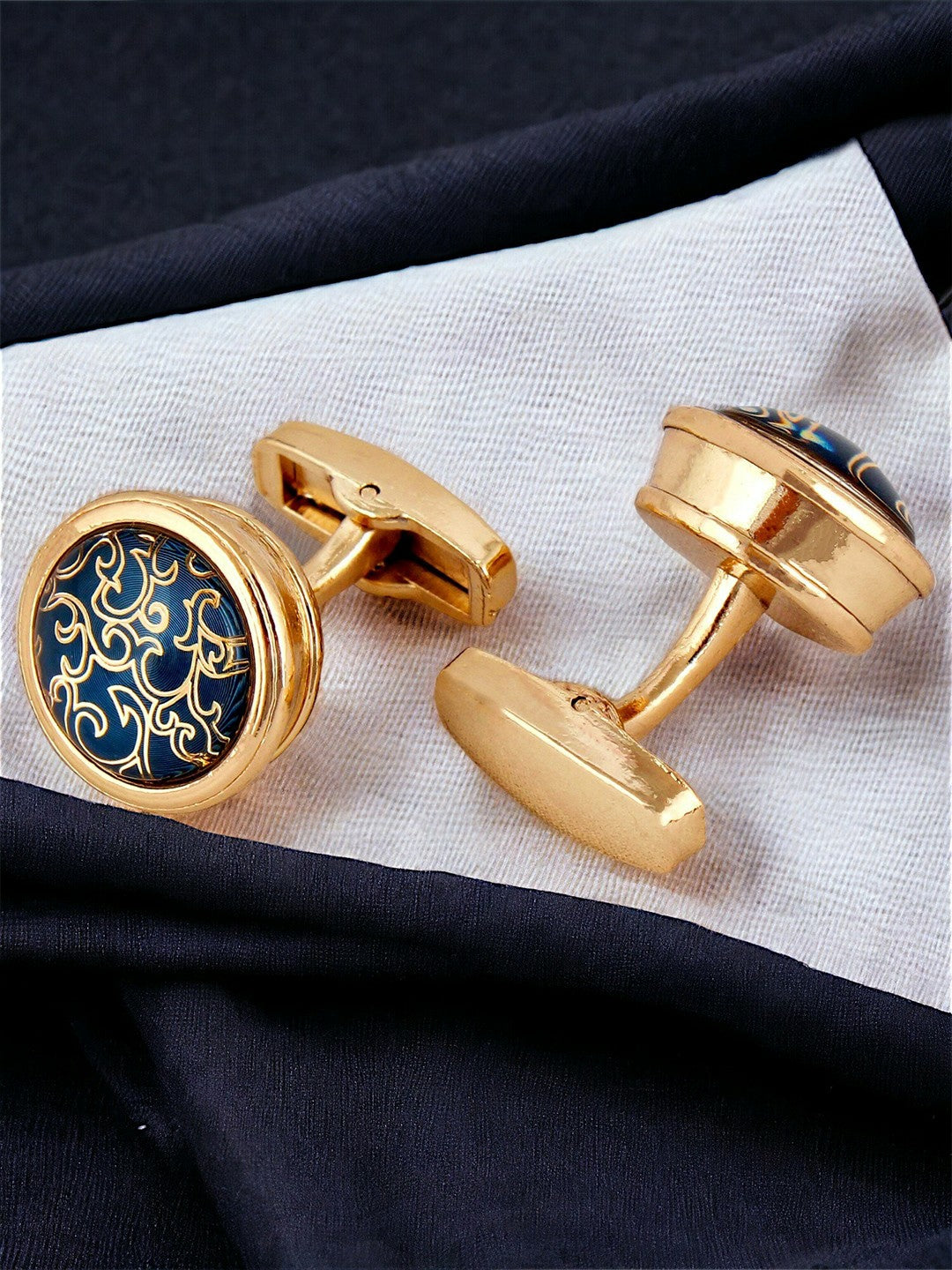 Silver-Plated Gold-Toned & Blue Textured Cufflinks – Elegant Men’s Accessories