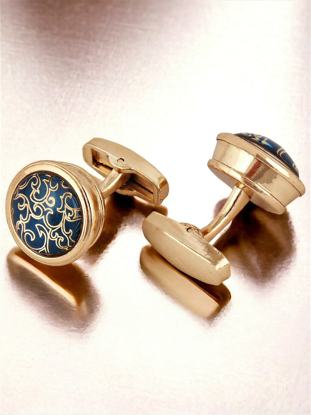 Silver-Plated Gold-Toned & Blue Textured Cufflinks – Elegant Men’s Accessories