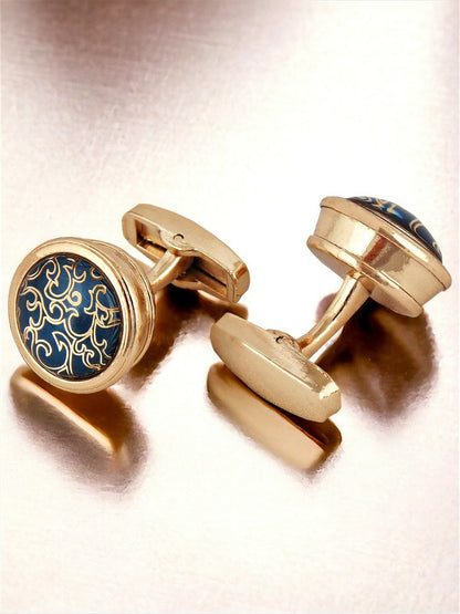 Silver-Plated Gold-Toned & Blue Textured Cufflinks – Elegant Men’s Accessories