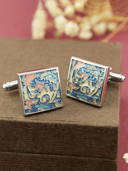 Blue & Pink Rhodium-Plated Enamelled Square Cufflinks – Elegant Men's Accessories | Indiaista